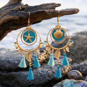 Shell Starfish Tassel Earrings 14K Gold Plated Boho Chic Beach Statement Dangle